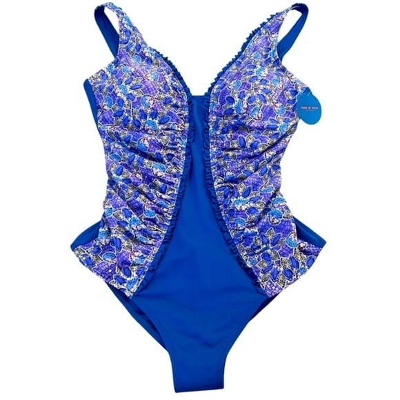 NWT SUN & SEA SEXY BLUE PURPLE PRINT RUFFLE ONE-PIECE SWIMSUIT, SIZE M - Picture 1 of 9